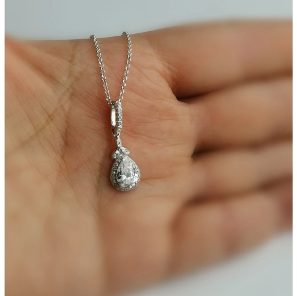 Sterling Silver Teardrop CZ Halo Pendant Necklace - Picture 5 of 6